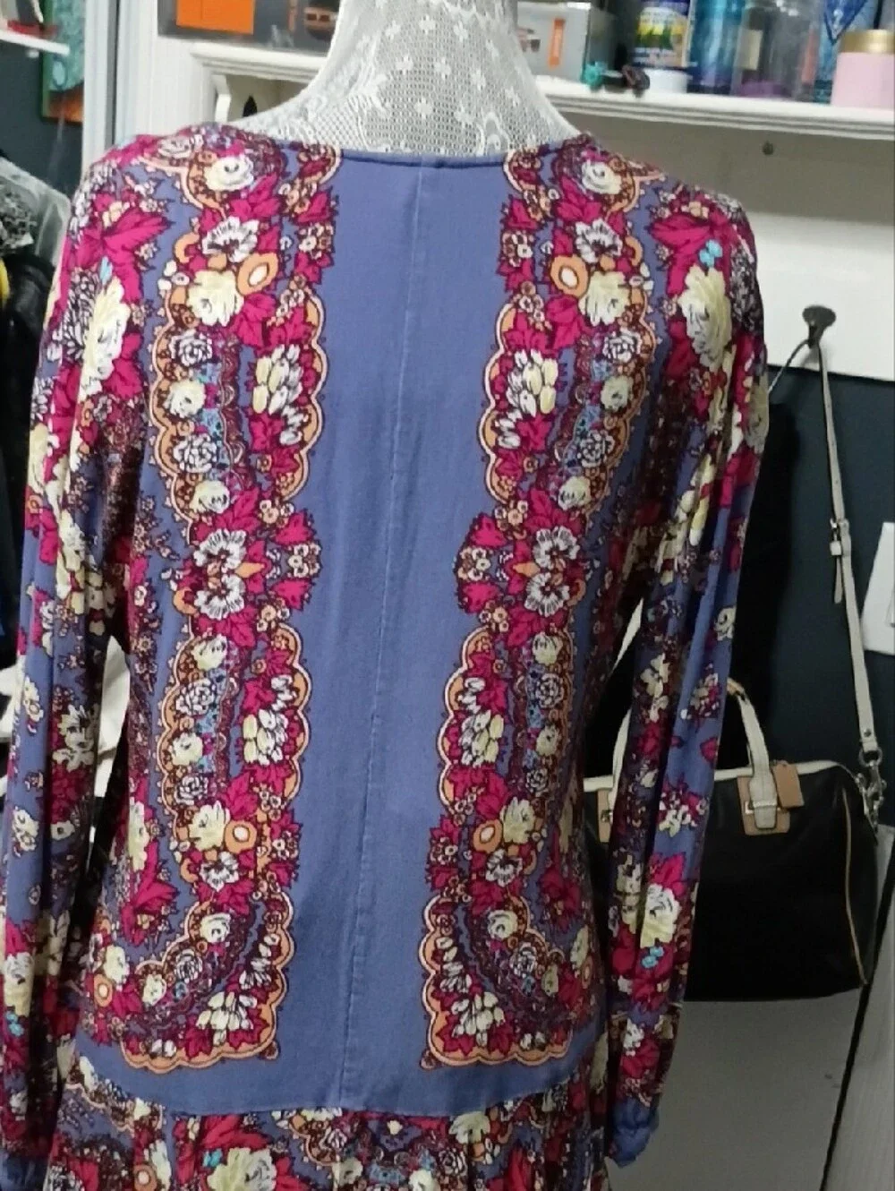 Free People Floral V-Neck Tunic in Blue & Pink